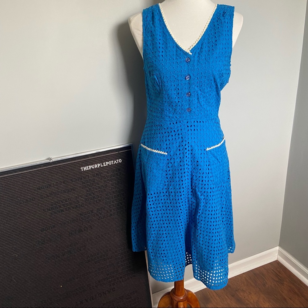 Pretty Vacant - Blue Eyelet Cotton Pinup Dress Size S